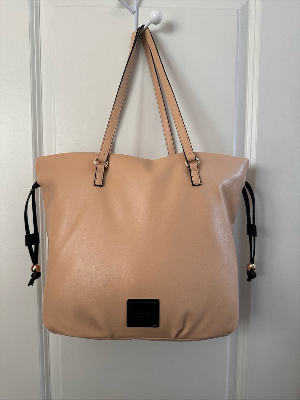 Victoria's Secret Nude Taupe Tote Bag with Black Drawstrings